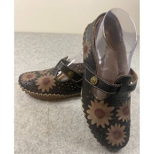 L'Artiste by Spring Step Minna Black Leather Floral Mary Jane Loafer EU38/US7.5
